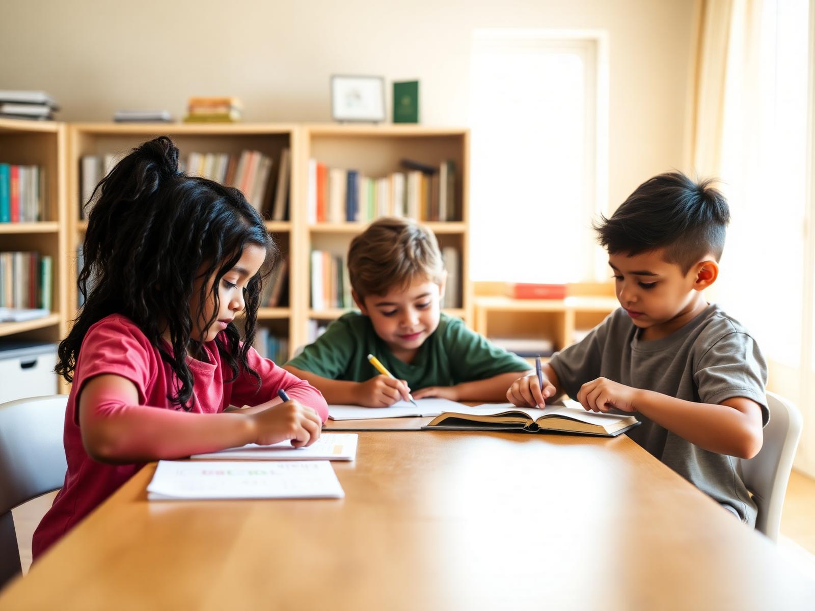 Small group of elementary students learning together at a wooden table