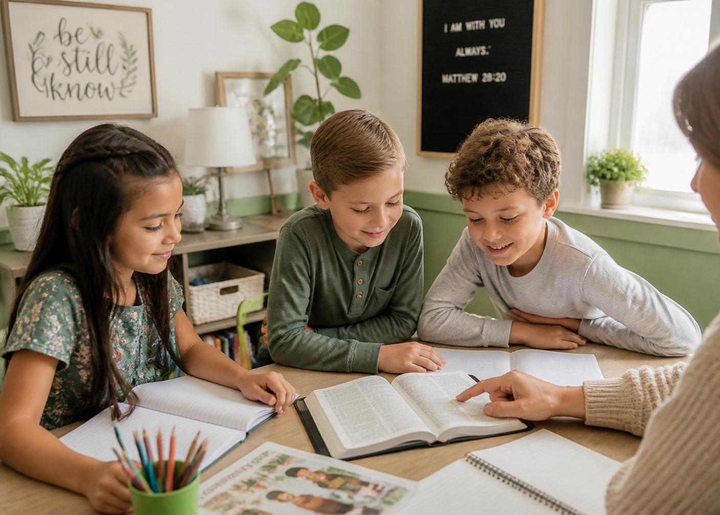 Students exploring a Bible lesson together in a warm classroom